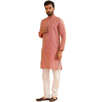 Sojanya (Since 1958 Men's Silk Blend Pink Self Design Kurta & Off-White Churidar Pyjama Set