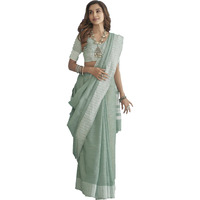 Pujia Mills Women's Soft Linen Indian Ethnic Wear Saree Casual Wear Saree Professional Wear Women Cotton Saree Cream & Black Saree Chikankari Border Work Simple Casual Saree Linen Saree Sea Green
