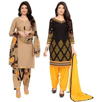 Yashika Women's Crepe Dress Material Set For Women | Unstitched Printed Fabric For Kurta Bottom & Dupatta (Ys-Admiring Yellow-Himani Black)