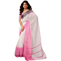 Satrani Women's Linen Zari Border Printed Ready To Wear One Minute Pre Pleated Readymade Saree With Unstitched Blouse Piece (34Rs322N_White)