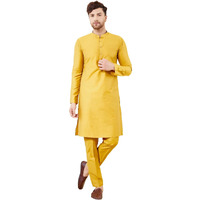 See Designs Men Full Sleeve Mandarin Collar Side Slit Yellow Cotton Solid Straight Kurta With Matching Pyjama - Sdkt2470-20S