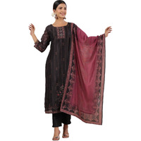 Ishin Women's Black Ethnic Printed Thread Work Poly Silk Straight Kurta With Trousers & Dupatta