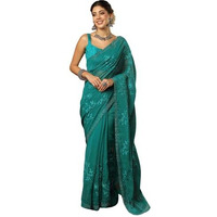 Satrani Women's Shimmer Chiffon Embroidered Stone Work Saree With Unstitched Blouse Piece (4395S3123N_Teal Green)