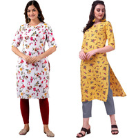 Lookmark Women's Crepe White & Yellow Color 3/4 Sleeve Straight Printed Kurta | Kurti Combo Pack Of 2 (Lm-K1099-K1100-S)