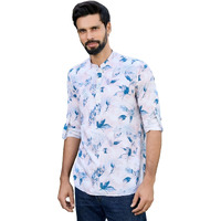 See Designs Men's Roll-Up Sleeve Mandarin Collar Pink Tropical Printed Rayon Short Kurta - Sdkt2931Xl