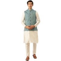 Sojanya (Since 1958 Men's Silk Blend Off White Kurta Pyjama & Peacockblue Self Design Nehru Jacket Combo