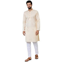 See Designs Men's Full Sleeve Mandarin Collar Beige Embossed Printed And Foil Printed Straight Kurta With Pyjama - Sdkt292201L