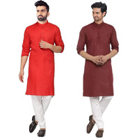 Lookmark Men's Cotton Blend Straight Kurtas Combo Pack Of 2 (Only Kurtas)(New-Kurta 03-Kurta 02-L) Red-Maroon