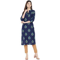 Pinkmint Women Cotton Kurti Ll Stright Printed Collared V Neck Kurta Ll Stylish Regular Fit Kurti's (Pack Of 01) Navy Blue