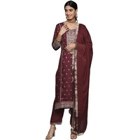 Varanga Women Maroon Embroidered Kurta Paired With Tonal Bottom And Dupatta