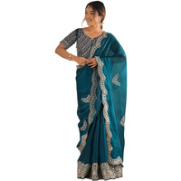 Satrani Women's Tissue Silk Dyed Sequin Embroidery & Scollped Border Festive Saree With Unstitched Blouse Piece (4218S6632Na_Rama Green)