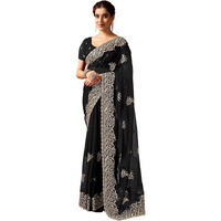 Satrani Women's Net Embroidery & Stone Work Saree With Unstitched Blouse Piece (4376S311N_Black)