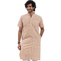 Vastramay Mens Hare Krishna Hare Ram Short-Sleeve Kurta  Lightweight & Spiritual Ethnic Wear For Pujas, Festivals, And Shivratri Cream