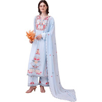 Fashion Basket Women's Faux Georgette Embroidered Straight Kurta With Dupatta (X-Large, Skyblue)