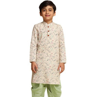 Kisah Boy's Kurta, Multi Color Cotton Blend, Kantha Print Long Sleeves Regular Fit Mandarin Collar|11-12 Years Multicolour