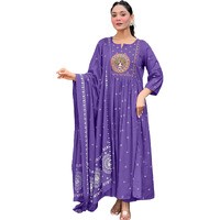 Klosia Women Printed Anarkali Kurta And Pant Set With Dupatta (In, Alpha, L, Purple)