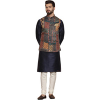 Kisah Men's Navy Blue Kurta, Multi-Color Printed Nehru Jacket & Pajama Set  Indian Ethnic Kurta Pyjama Set For Weddings & Festive Occasions