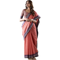 Pujia Mills Women's Handloom Cotton Saree With Contrast Weaving Border Indian Ethnic Wear Saree Office Wear Cotton Saree With Unstitch Blouse Piece Casual Saree Gajri Plain Cotton Simple Saree