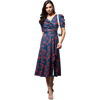 Miss Chase Women's V-Neck Puff Sleeve Floral Wrap Midi Dress (Mcss25D93-26-306-06, Multicolored Base Teal, Xl)