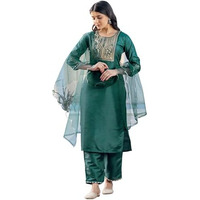 Sanisa Women's Silk Blend Embroidery And Sequins Work Straight Kurta With Pant And Dupatta Set (245Kbd2584N-Xxl_Dark Green)