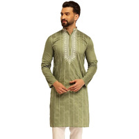Sojanya (Since 1958 Men's Cotton Silk Green Long Kurta With Elegant Neck Embroidery