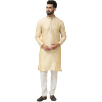 Sojanya (Since 1958 Men's Silk Blend Gold Self Design Kurta With Off White Churidar Pyjama
