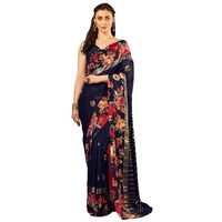 Satrani Women's Georgette Floral Printed Foil Work Saree With Unstitched Blouse Piece (4400S1048N_Navy Blue)