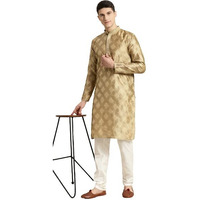 Sojanya (Since 1958 Men's Jacquard Silk Gold Self Design Kurta & Off White Churidar Pyjama Set