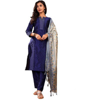 Varanga Women's Navy Blue Ethnic Kurta Set - Straight Fit Dobby Textured Kurta With Zari Couching, Calf-Length Trouser & Floral Printed Dupatta (Medium)
