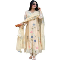 Anni Designer Women's Rayon Viscose Anarkali Printed Kurta With Pant & Dupatta (Shastra Cram_L_Cream_Large)