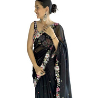 Flosive Women's Embroidered Bollywood Georgette Saree (Black)