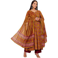 Nermosa Women Printed Anarkali Kurta And Pant Set With Dupatta (In, Alpha, L, Mustard Yellow)