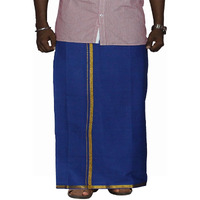 Prakasam Cotton Men's Single Blue Colour With Jari Border Welcro Pocket Dhoti (Hip Size-42)-(Length-42Inches)