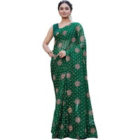 Satrani Women's Chiffon Woven Stripe Bandhani Printed Saree With Unstitched Blouse Piece (4328S235N_Dark Green)
