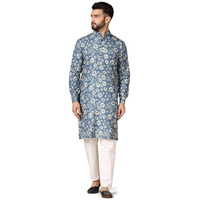 Leriya Fashion Men's Kurta || Ethnic Printed Kurta For Perfect Ethnic Look || Stand Collar Long Sleeve Kurta || Casual Printed Kurta | Regular Long Kurta. (Small, Blue) |Material: Rayon