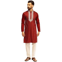 Sojanya (Since 1958 Men's Cotton Silk Elegant Neck Embroidered Maroon Kurta With White Pyjama