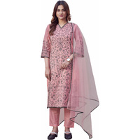Womanista Women's Pure Cotton Kurta With Trouser & Dupatta (Kurtaset_1410_Baby Pink_L)