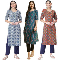 Pinkmint Women's Crepe Printed Kurta Set Ethnic Wear Women Kurta Set Comfortable Kurta Set For Women's(Pack Of 3)
