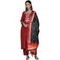 Varanga Women Rust Zari Kurta With Solid Trouser And Dupatta Set