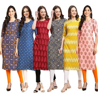 Pinkmint Women's Crepe Digital Print Straight Kurta Pack Of 6 [Cr-369-353-337-341-329-368-L]
