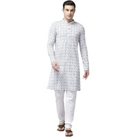 See Designs Men Mandarin Collar White & Blue Pure Cotton Embroidered Staright Full Sleeve Kurta With Pajama - Sd2Mekt_126601Xxl