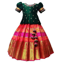 White Button New South Indian Traditional Pattu Pavadai Jecquard Lehenga Choli For Girls Dress (3-4 Years, Green Rani)