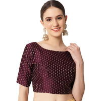 Pujia Mills Women's Weaving Jacquard Elbow Length Boat Neck Line Saree Blouse (Bliss Wine 38)