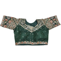 Pujia Mills Women's Ethnic Wear Golden Codding With Multi Embroidery Sequence Work Sweetheart Neck Half Sleeve Readymade Bridal Green Saree Blouse Net Cutwork Blouse For Lehenga