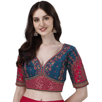 Pujia Mills Women's Heavy Embroidery Coding With Sequins Work Half Sleeves Fancy Readymade Saree Blouse(Rajwadi Mor Peach_42)