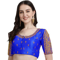Pujia Mills Women's Silk Embroidery Half Sleeves Cut Work Saree Blouse (Gulab_Royal Blue_38)