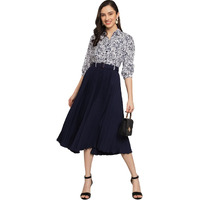 Kzully | Elegant A-Line Dress: Collared V-Neck Top, Pleated Skirt With Elastic Waist, Includes Belt Navy Blue