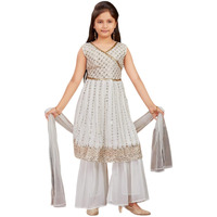 Aarika Girls Ethnic Wear Off White Colour Sequins Zari Embroidery Georgette Kurti Sharara Set (6-16 Years)