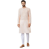 See Designs Men's Long Sleeve Mandarin Collar Side Slit Peach Embroidered Pure Chanderi Silk Straight Kurta - Sdkt2547L