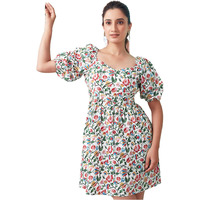 Selvia Western Dress For Women| Floral Printed Short Sleeve Crepe Western Dress For Women | Sweetheart Neck A-Line Dress For Women | One Piece Dress For Women (644Dtk655N-Xs_White & Multi)